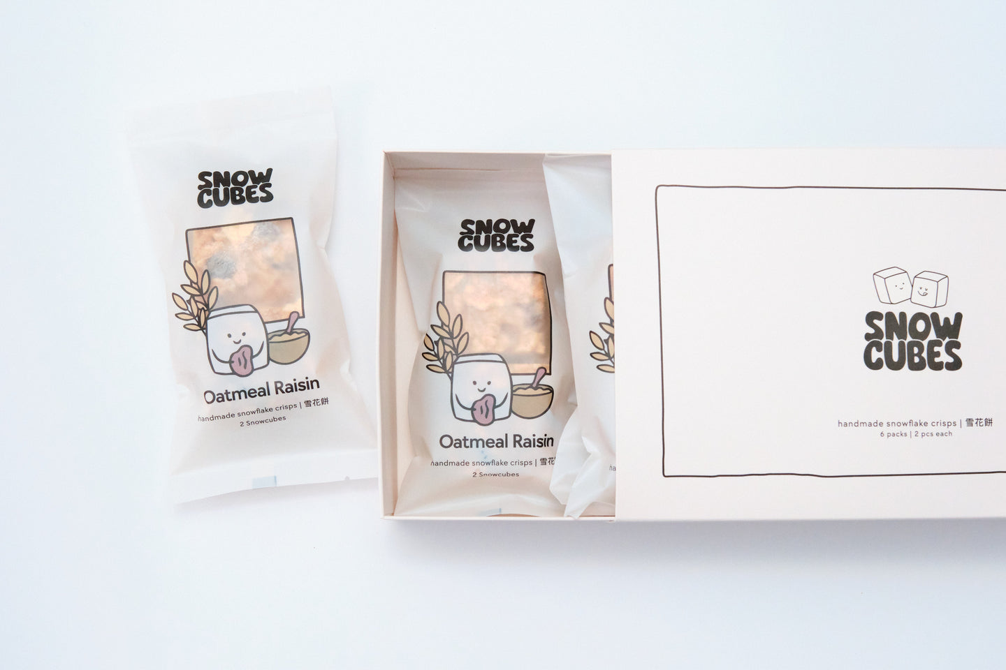 Oatmeal Raisin Crumble Snowcubes, gluten-free — handmade Taiwanese snowflake crisps with oats and raisins, boxed with two pouches