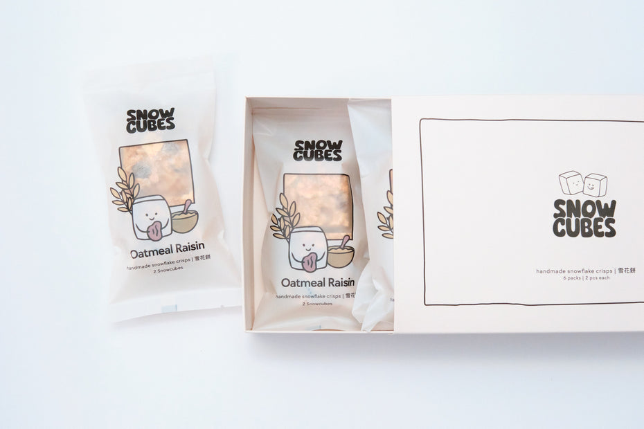 Oatmeal Raisin Crumble Snowcubes, gluten-free — handmade Taiwanese snowflake crisps with oats and raisins, boxed with two pouches