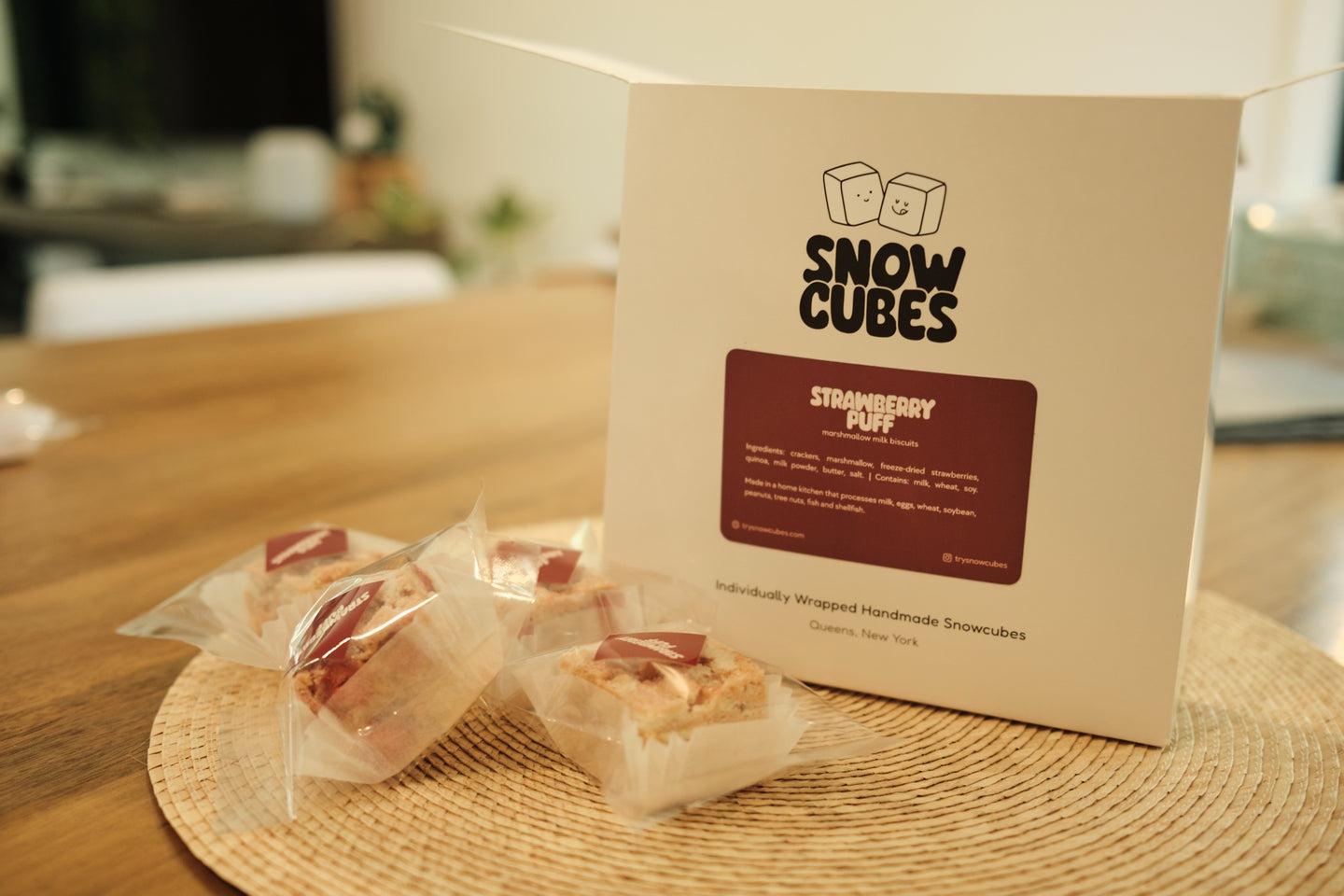Strawberry Puff Snowcubes — box and wrapped cubes, wide