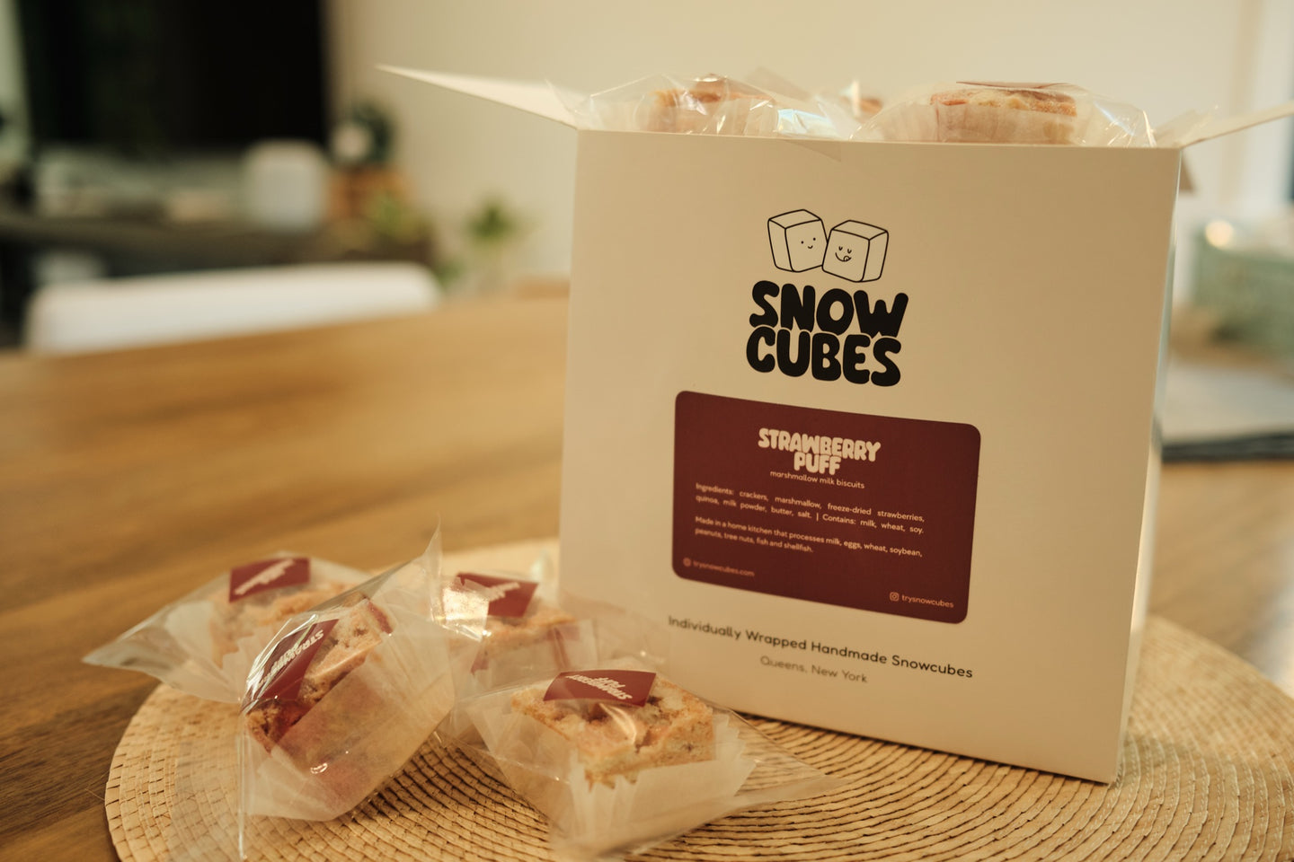 Strawberry Puff Snowcubes — open box filled with individually wrapped pieces