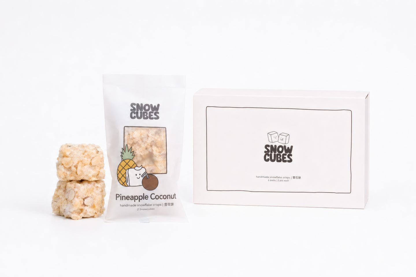 Pineapple Coconut Snowcubes — head-on view of cubes, pouch, and box