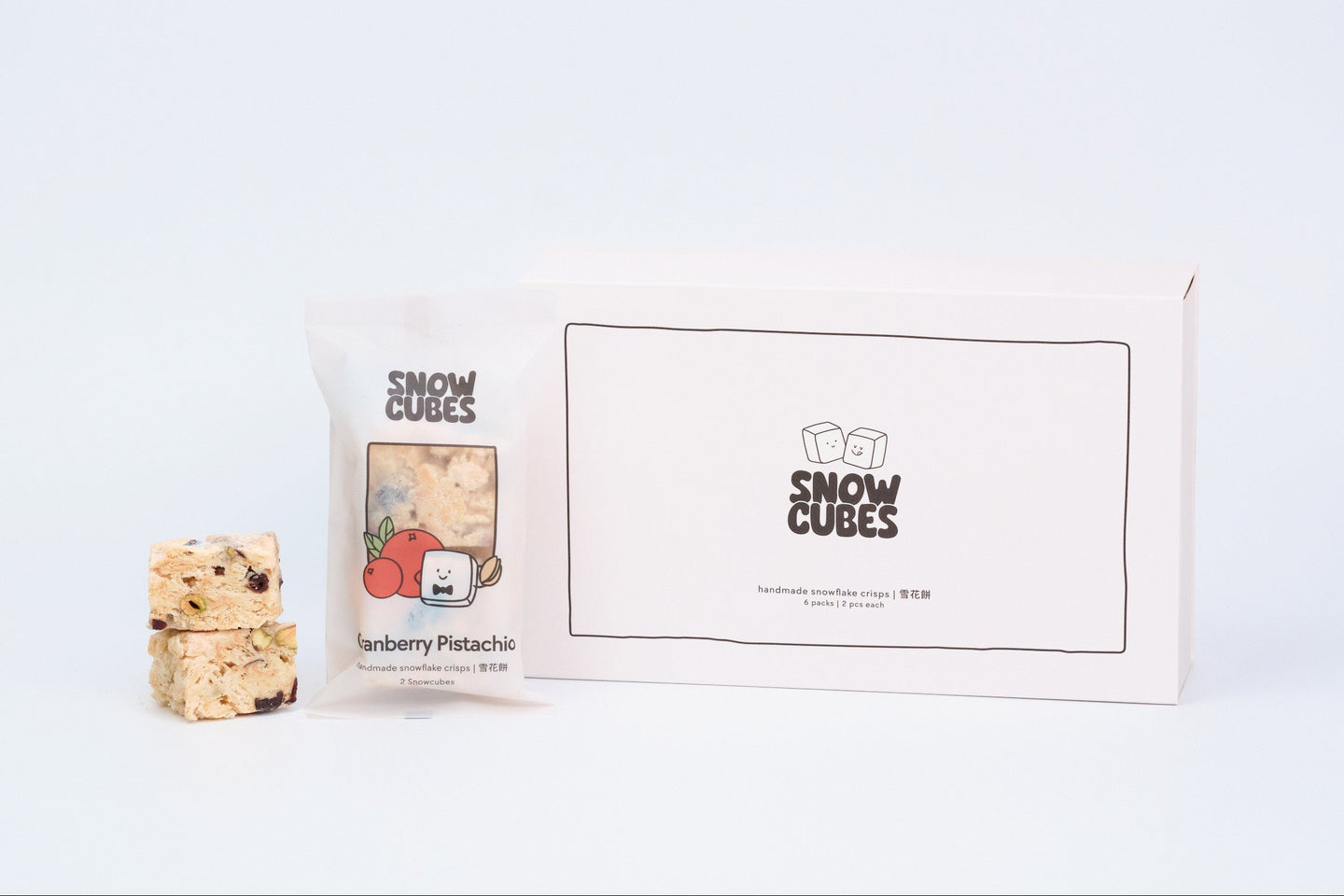 Cranberry Pistachio Classic Snowcubes — handmade Taiwanese snowflake crisps with two sealed pouches, studded with dried cranberries and pistachios