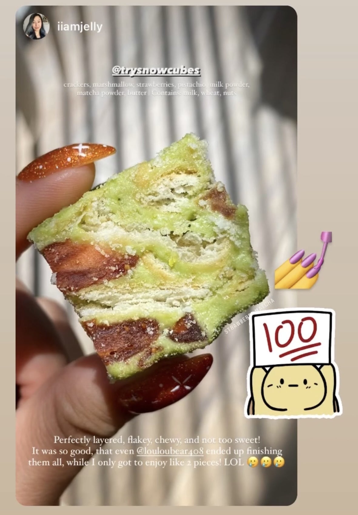 Instagram screenshot — "Perfectly layered, flakey, chewy, and not too sweet!"