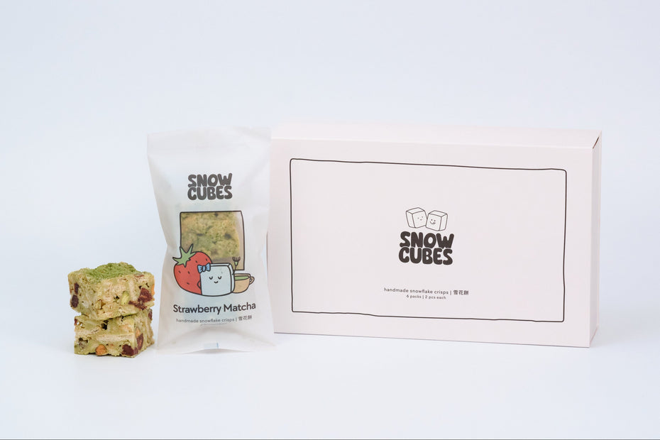 Strawberry Matcha Snowcubes — handmade Taiwanese snowflake crisps with freeze-dried strawberries and ceremonial-grade matcha, boxed with two pouches
