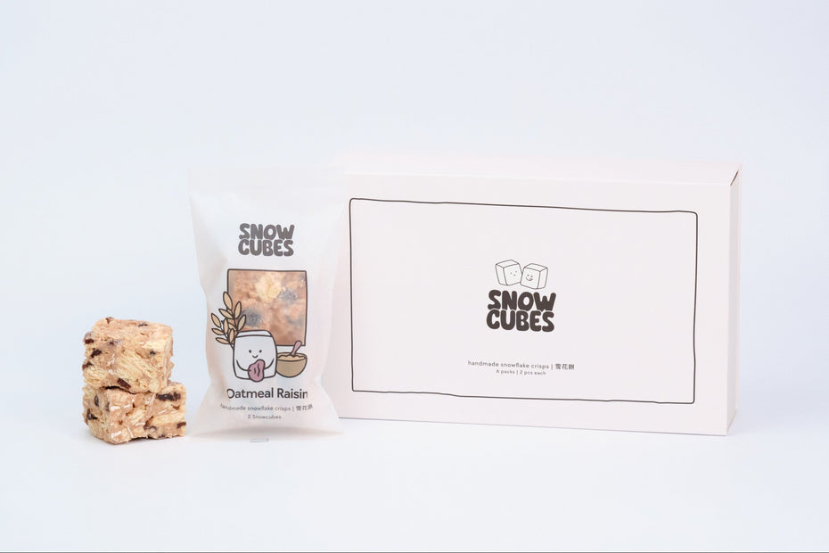 Oatmeal Raisin Crumble Snowcubes, gluten-free — handmade Taiwanese snowflake crisps with oats and raisins, boxed with two pouches