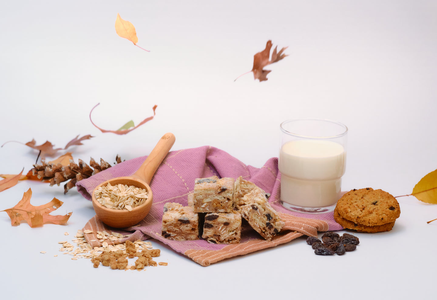 Oatmeal Raisin Crumble Snowcubes, gluten-free — handmade Taiwanese snowflake crisps with oats and raisins, boxed with two pouches