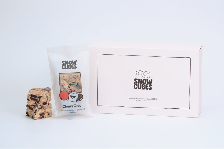 Cherry Oreo Snowcubes — handmade Taiwanese snowflake crisps with tart cherries and Oreo cookie pieces, boxed with two pouches