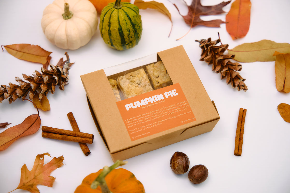Pumpkin Pie Snowcubes in a kraft box with an orange label, among autumn leaves, pinecones, and small pumpkins