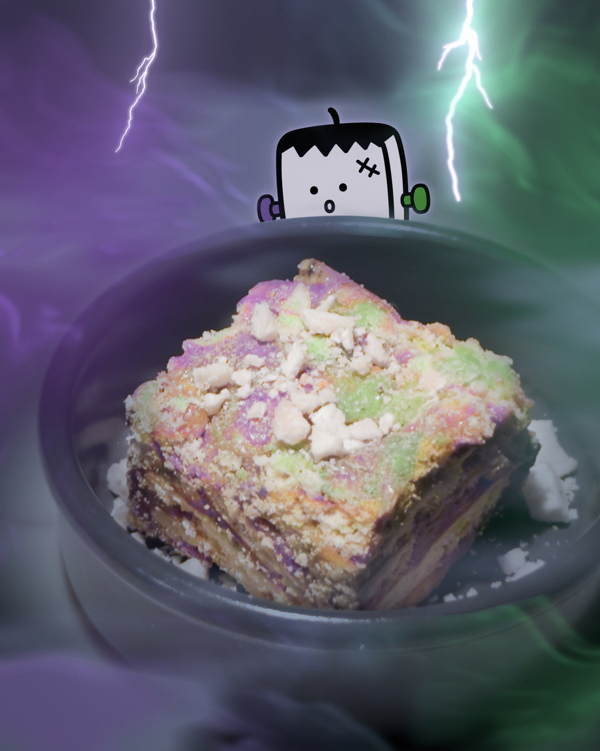 One Ube Pandan Coconut Snowcube in a grey bowl, with drawn purple and green lightning, mist, and a small cartoon cube peeking over the rim.