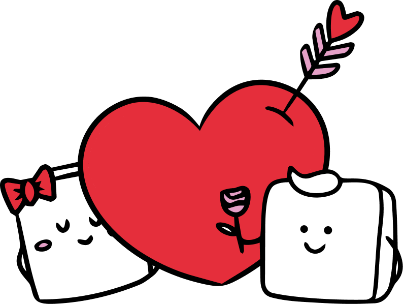 Two Snowcubes characters with a Valentine's cupid heart