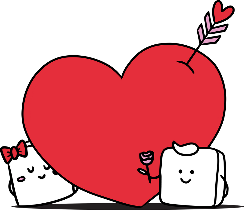 Two Snowcubes characters with a Valentine's cupid heart