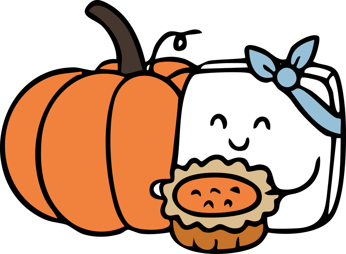 Gefen Benda’s smiling Snowcubes character with a blue bow beside a pumpkin and pumpkin pie.